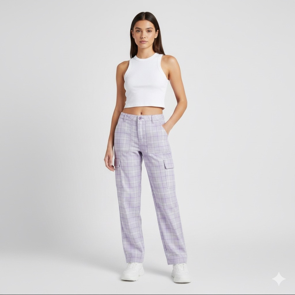 H&M Divided Purple Plaid Cargo Cotton Pants, Size 8 : Straight/wide legs